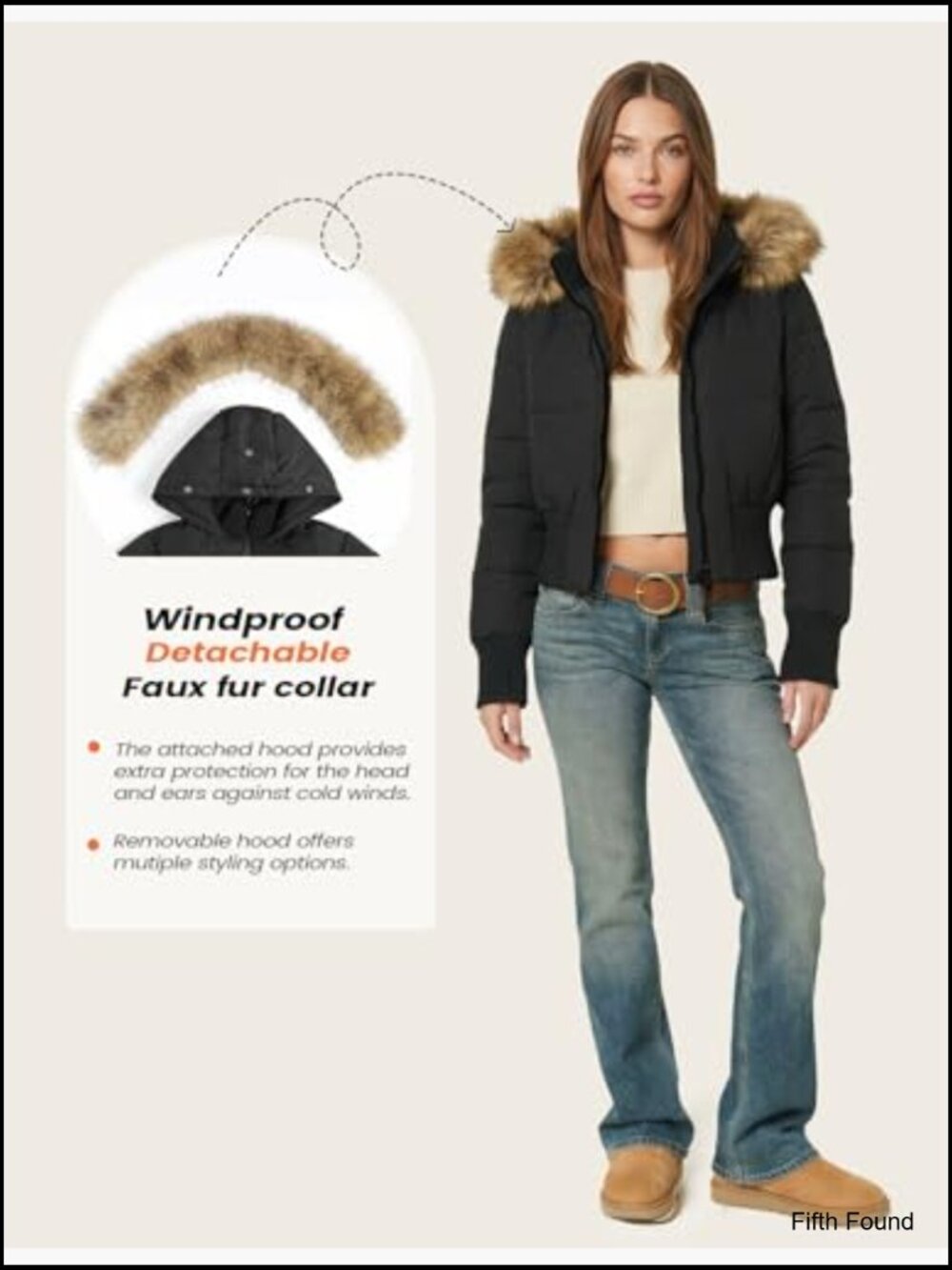 Cropped Puffer Jacket Winter Quilted Faux Fur Hood Bomber Coat - Picture 4 of 7